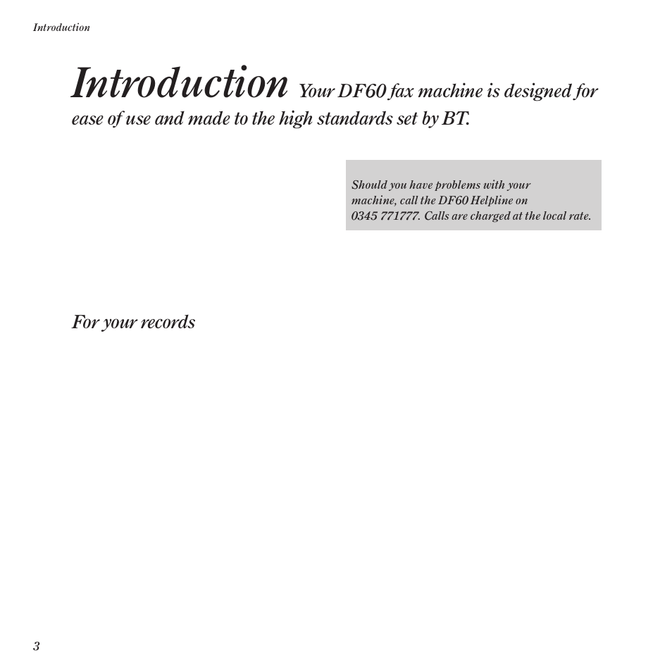 Introduction, For your records | BT DF60 User Manual | Page 6 / 42