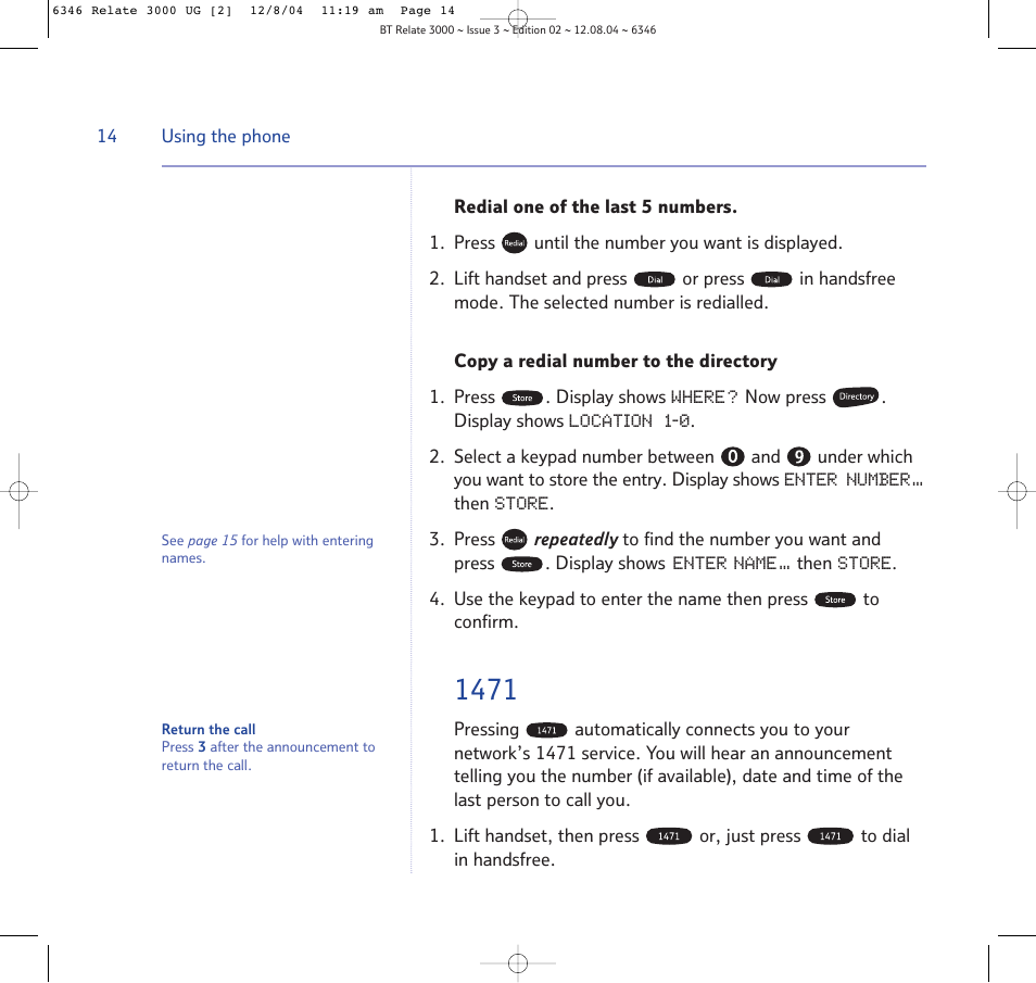 Redial one of the last 5 num, Copy a redial number to the | BT RELATE 3000 User Manual | Page 14 / 34
