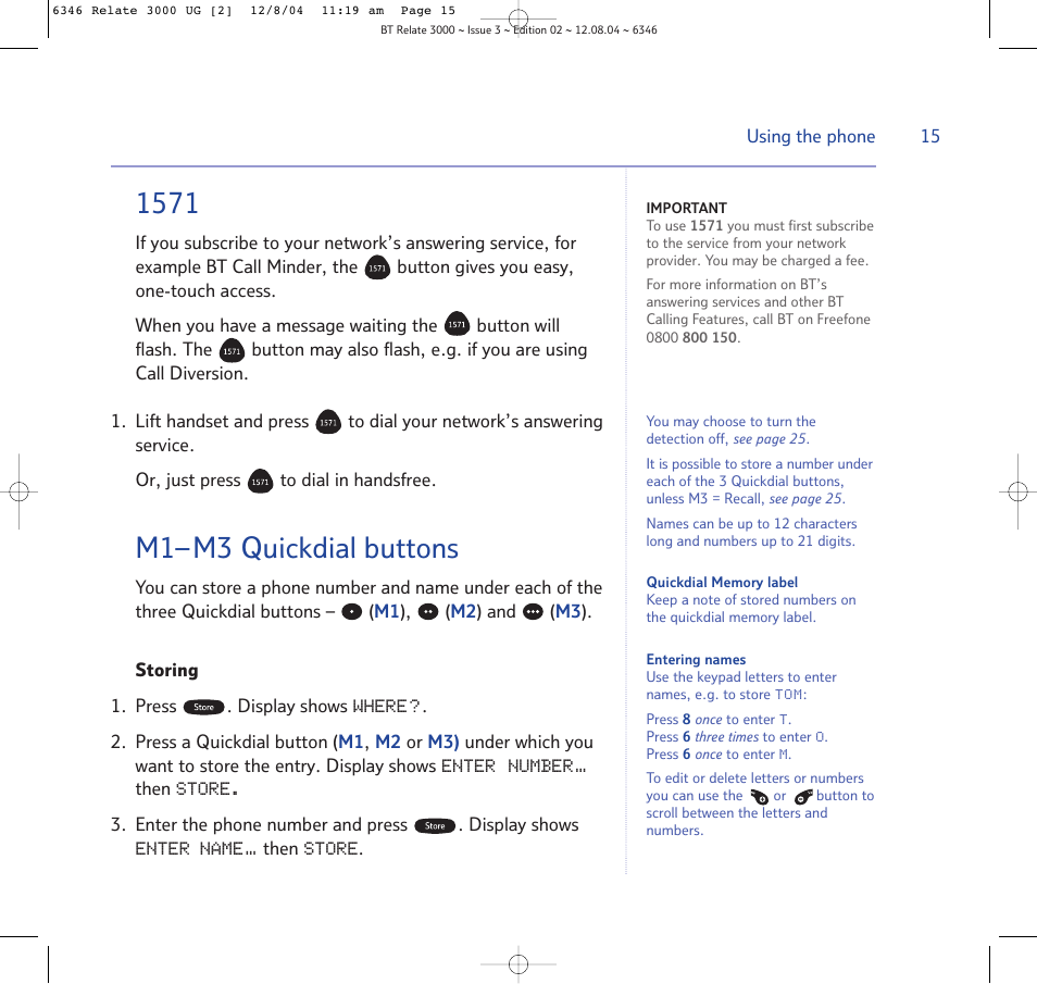 M1– m3 quickdial buttons | BT RELATE 3000 User Manual | Page 15 / 34