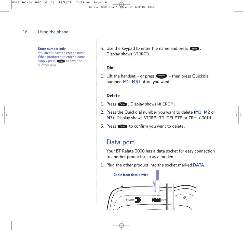 Directory, Data port | BT RELATE 3000 User Manual | Page 16 / 34