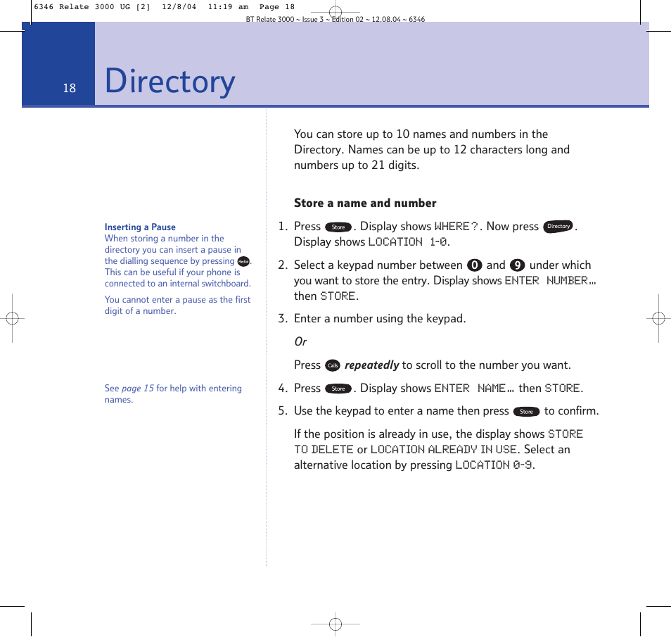 Directory, Store name and number, Dial from the directory | Store name and number dial from the directory | BT RELATE 3000 User Manual | Page 18 / 34