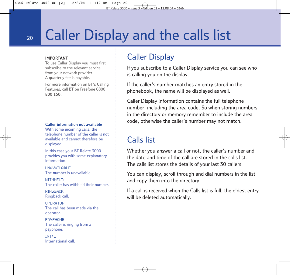 Aller display and the calls, Aller display and the calls list, Caller display and the calls list | Caller display, Calls list | BT RELATE 3000 User Manual | Page 20 / 34