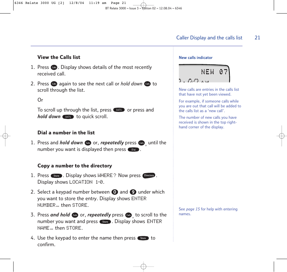 View list, Dial a number in the list, Copy a number to the directory | BT RELATE 3000 User Manual | Page 21 / 34