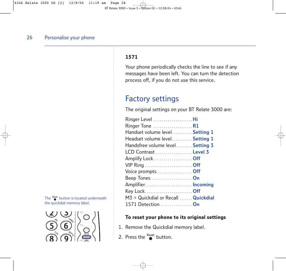 Factory settings | BT RELATE 3000 User Manual | Page 26 / 34