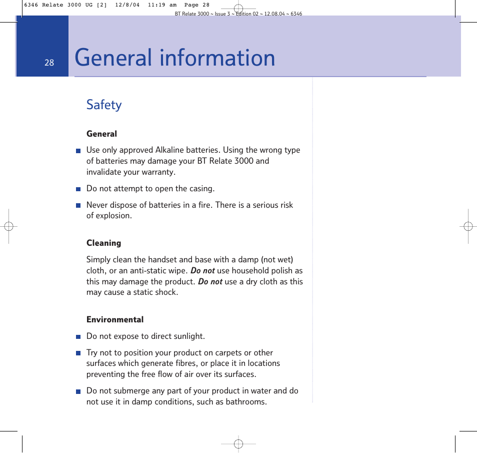 General information, Environmental, General | Cleaning, General cleaning environmental, Safety | BT RELATE 3000 User Manual | Page 28 / 34