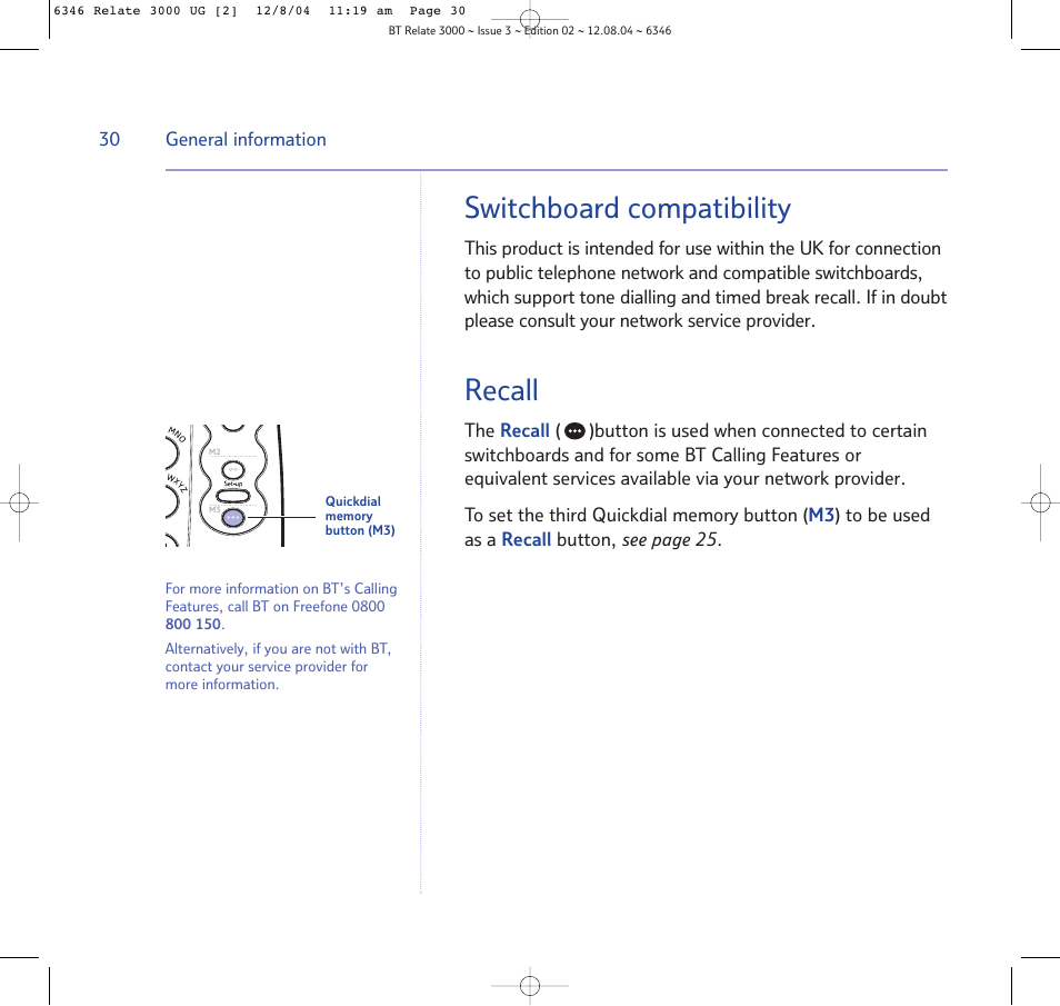 Switchboard compatibility, Recall | BT RELATE 3000 User Manual | Page 30 / 34