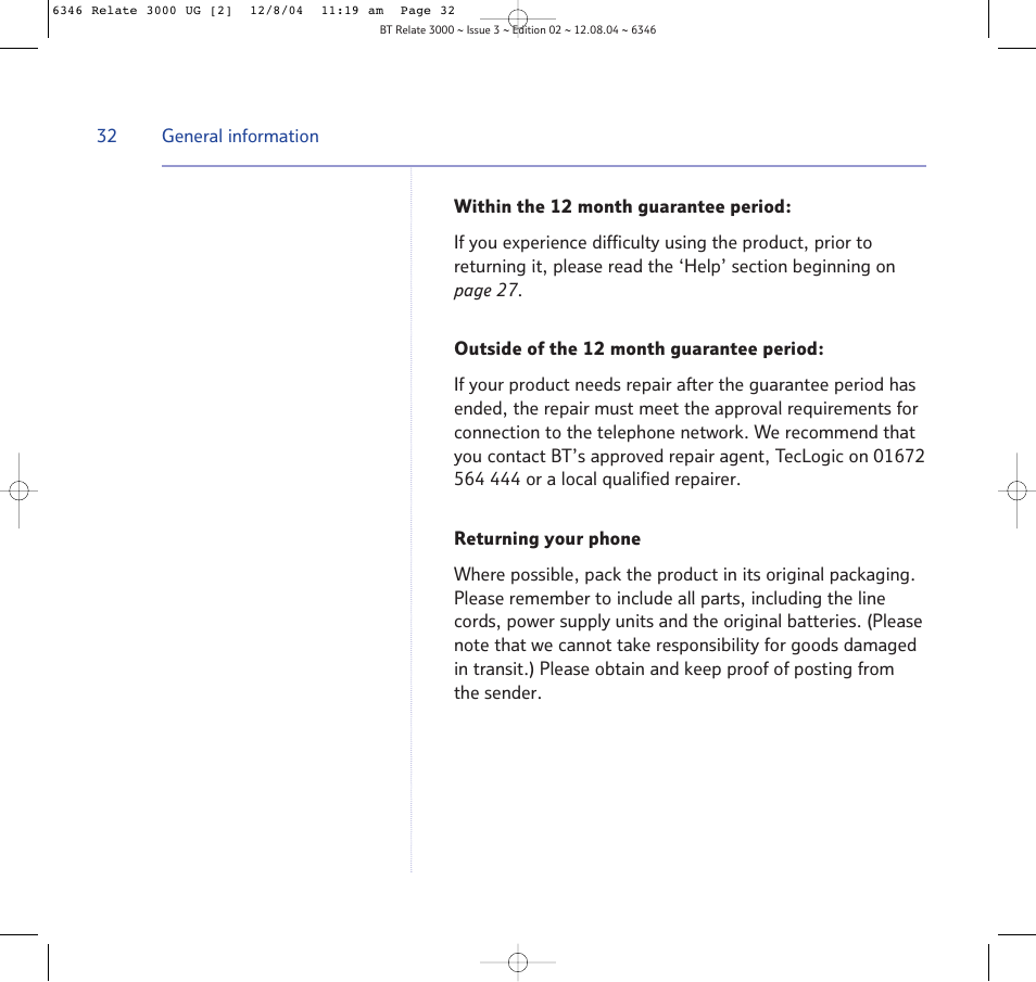 Returning your phone | BT RELATE 3000 User Manual | Page 32 / 34