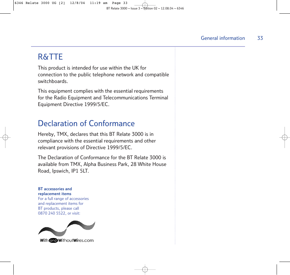 R&tte, Declaration of conformance | BT RELATE 3000 User Manual | Page 33 / 34