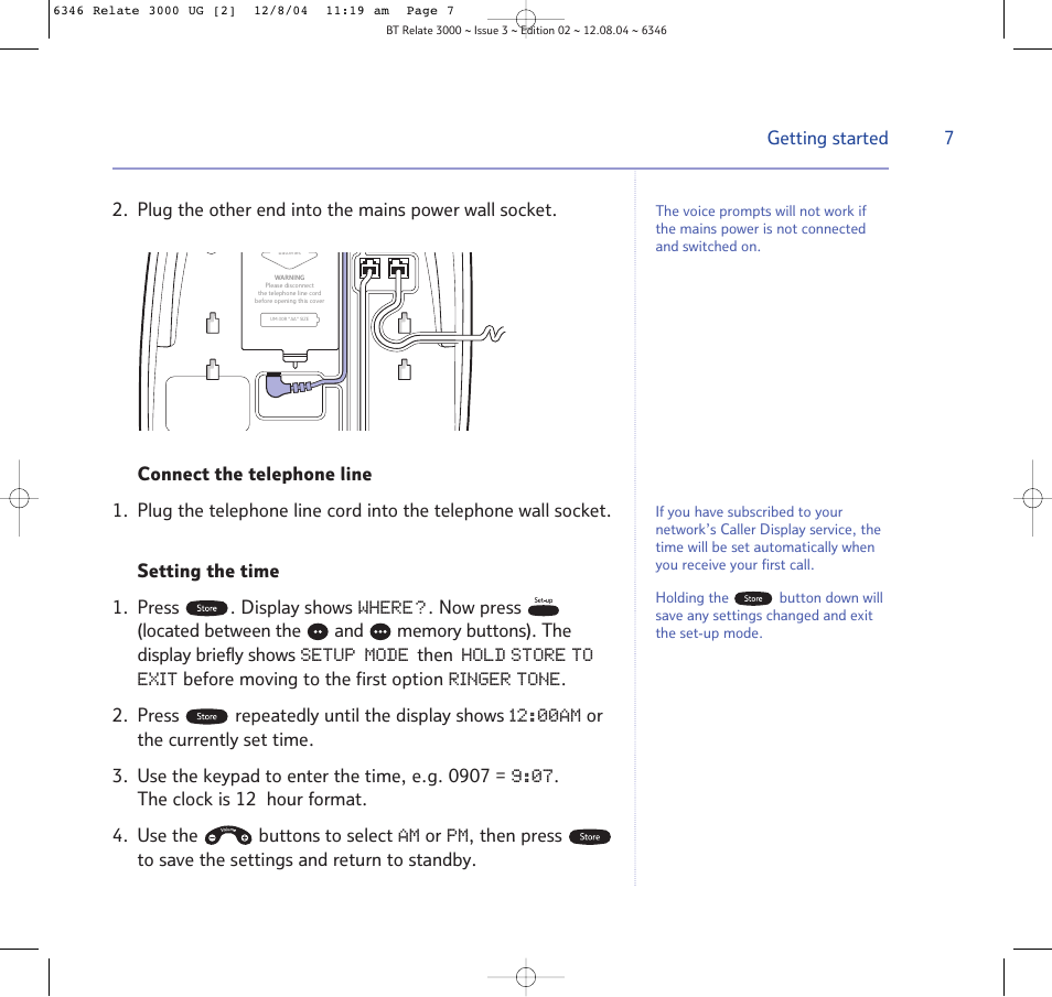 Connect the telephone line, Setting the time, Connect the telephone line setting the time | BT RELATE 3000 User Manual | Page 7 / 34