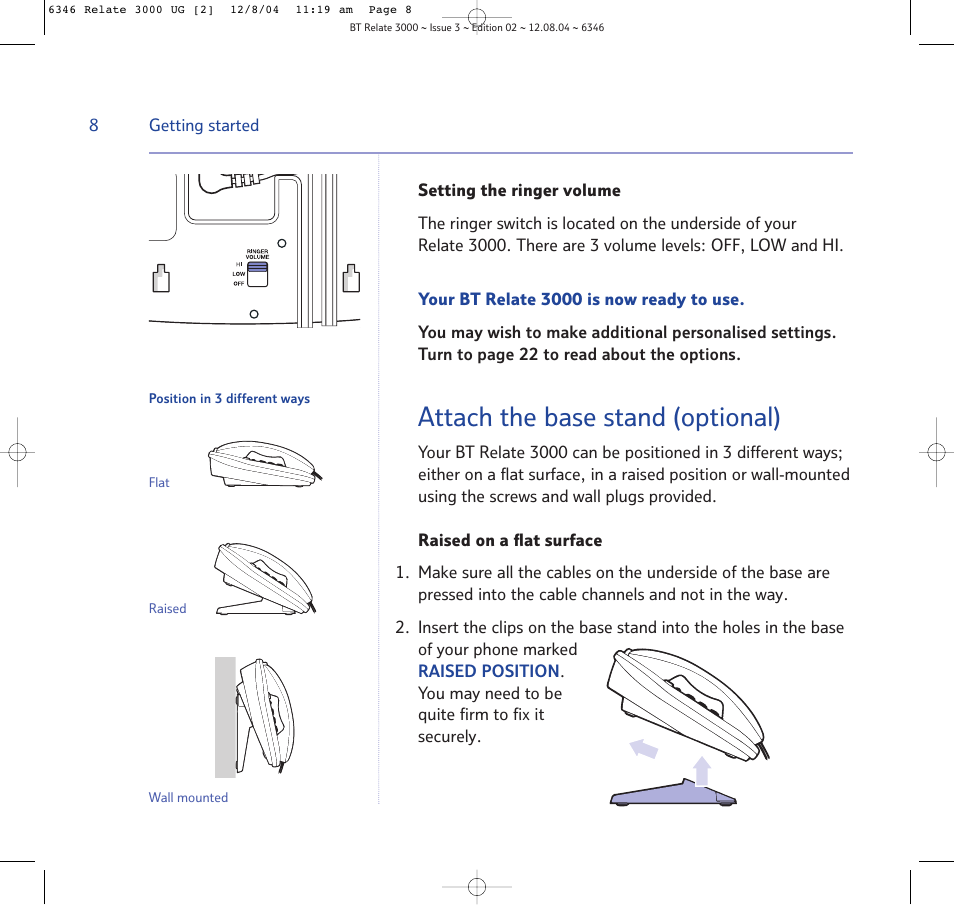 Setting the ringer volume, Attach the base stand (optional) | BT RELATE 3000 User Manual | Page 8 / 34