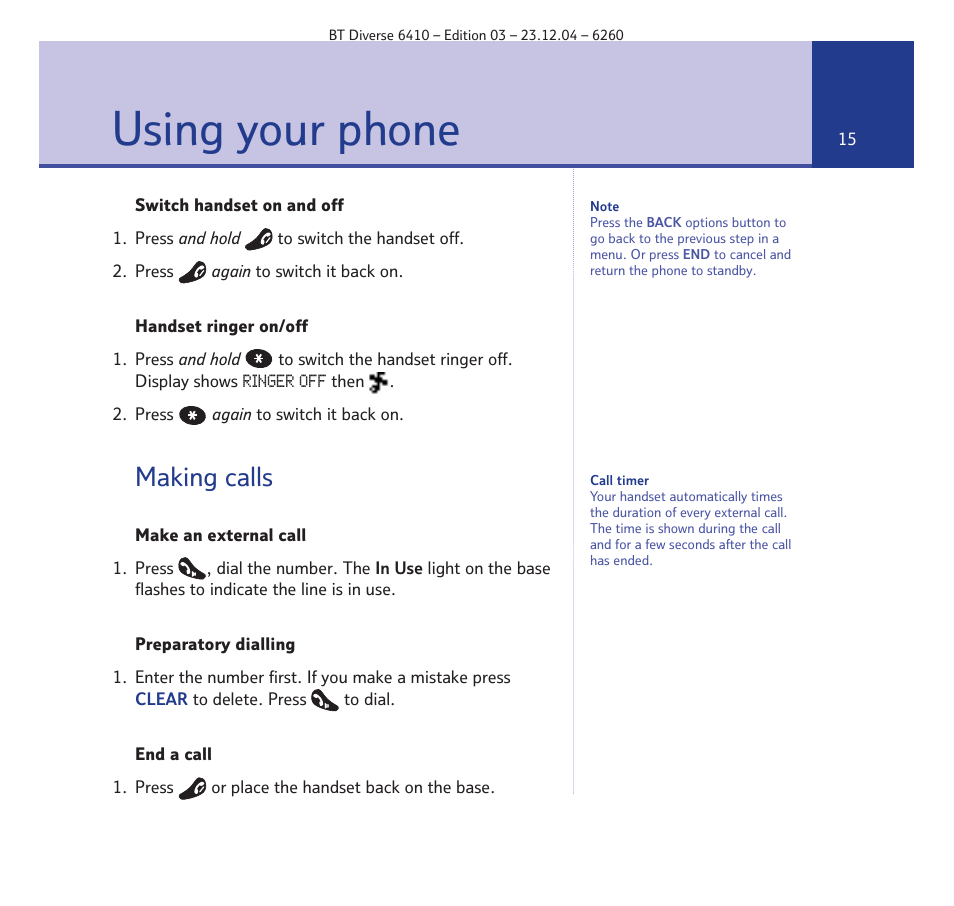 Using your phone, Making calls | BT DIVERSE 6410 User Manual | Page 15 / 82