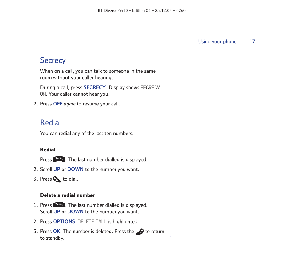 Secrecy, Redial | BT DIVERSE 6410 User Manual | Page 17 / 82