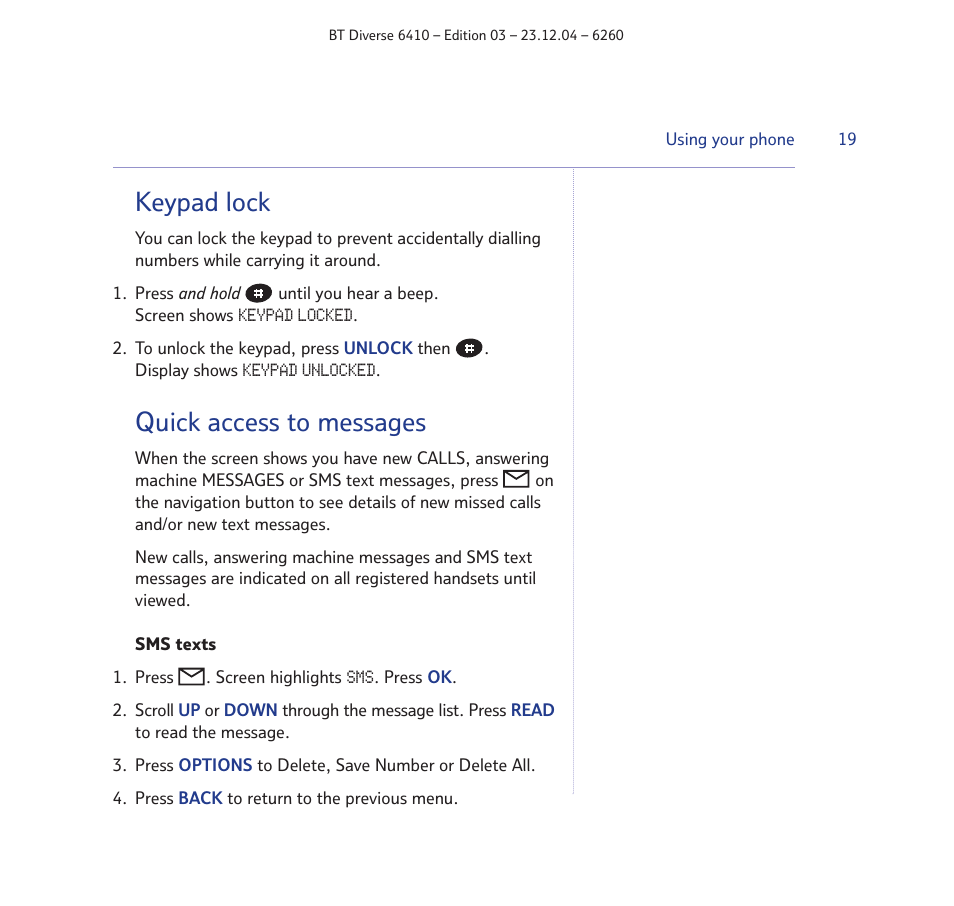 Keypad lock, Quick access to messages | BT DIVERSE 6410 User Manual | Page 19 / 82