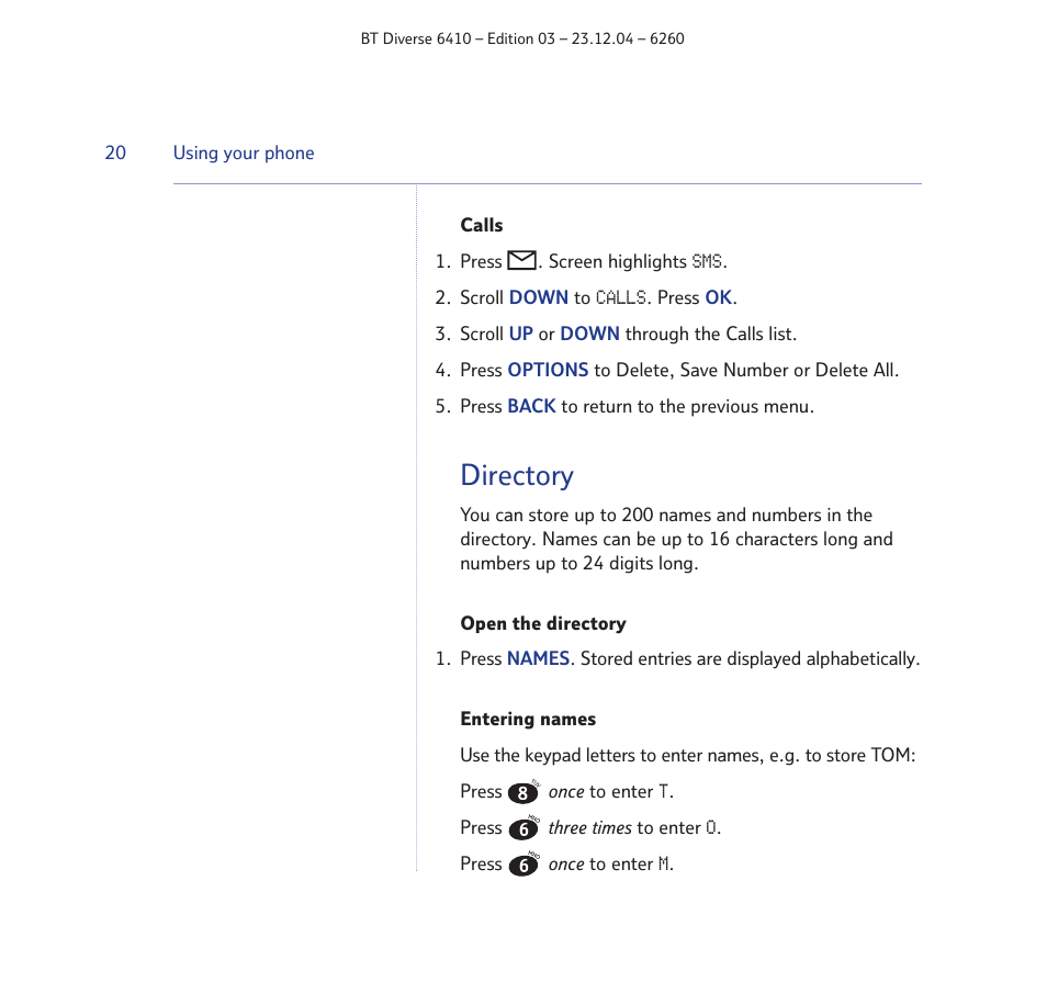 Directory | BT DIVERSE 6410 User Manual | Page 20 / 82