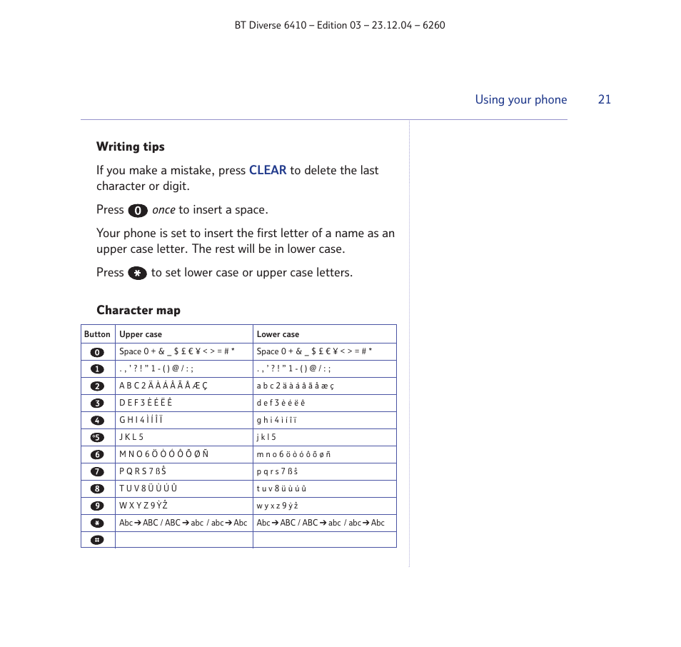 Character map | BT DIVERSE 6410 User Manual | Page 21 / 82