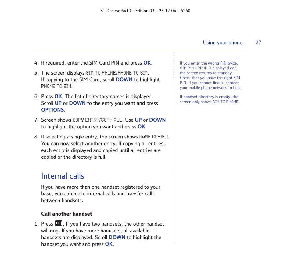 Internal calls | BT DIVERSE 6410 User Manual | Page 27 / 82