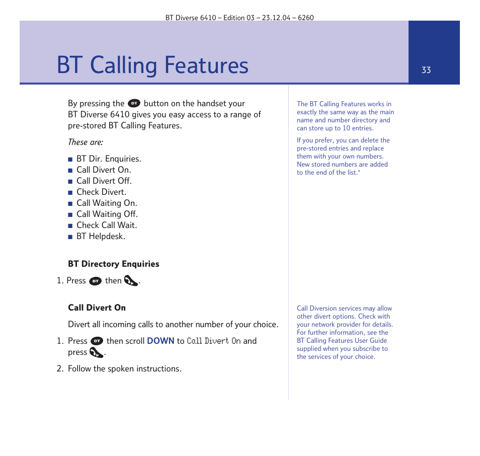 Bt calling features | BT DIVERSE 6410 User Manual | Page 33 / 82
