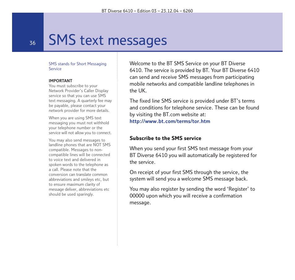 Sms text messages | BT DIVERSE 6410 User Manual | Page 36 / 82