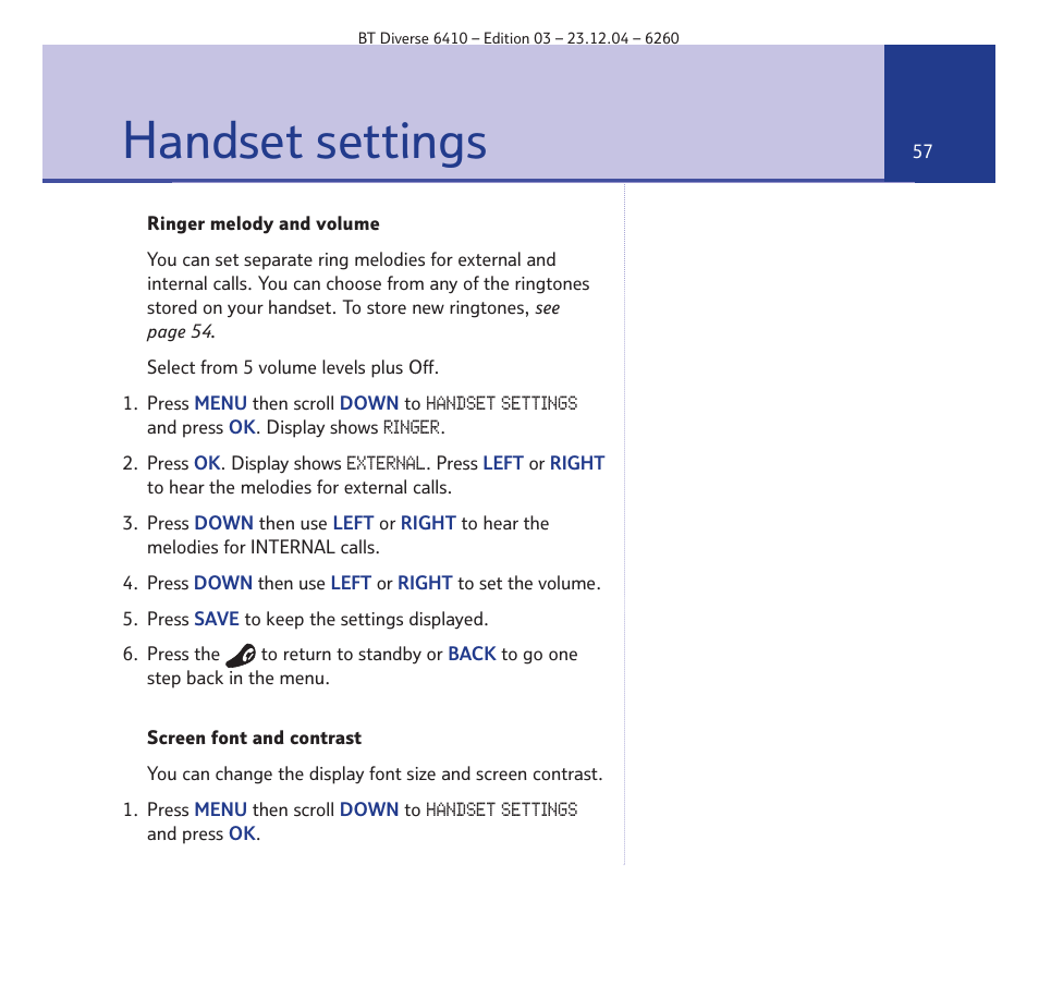 Handset settings | BT DIVERSE 6410 User Manual | Page 57 / 82