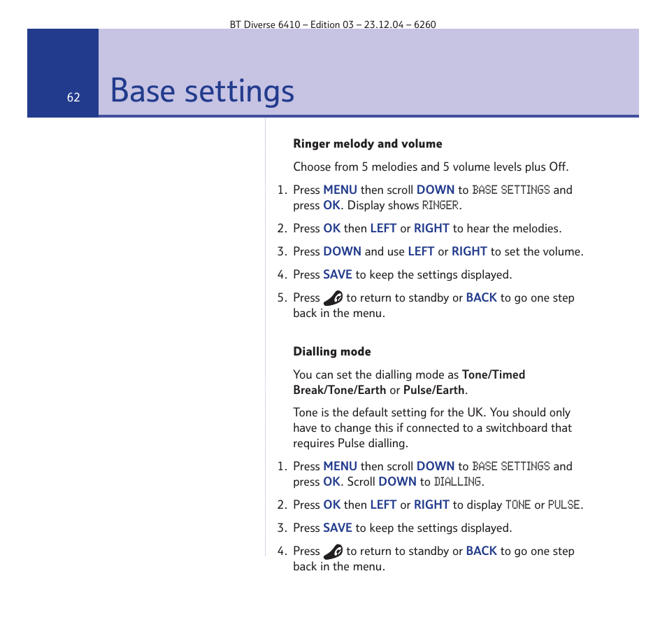 Base settings | BT DIVERSE 6410 User Manual | Page 62 / 82