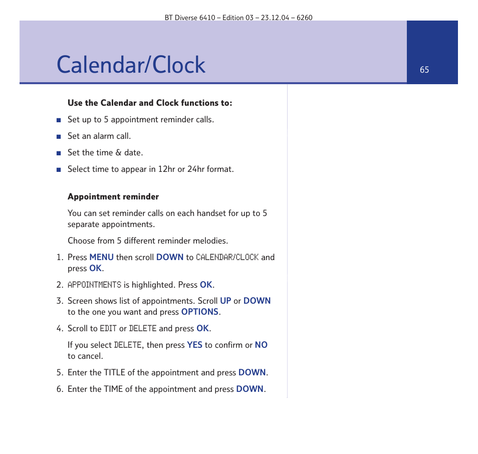 Calendar/clock | BT DIVERSE 6410 User Manual | Page 65 / 82