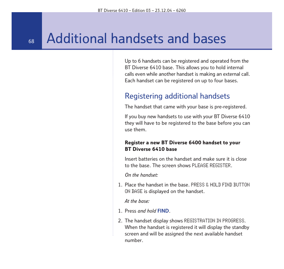 Additional handsets and bases, Registering additional handsets | BT DIVERSE 6410 User Manual | Page 68 / 82