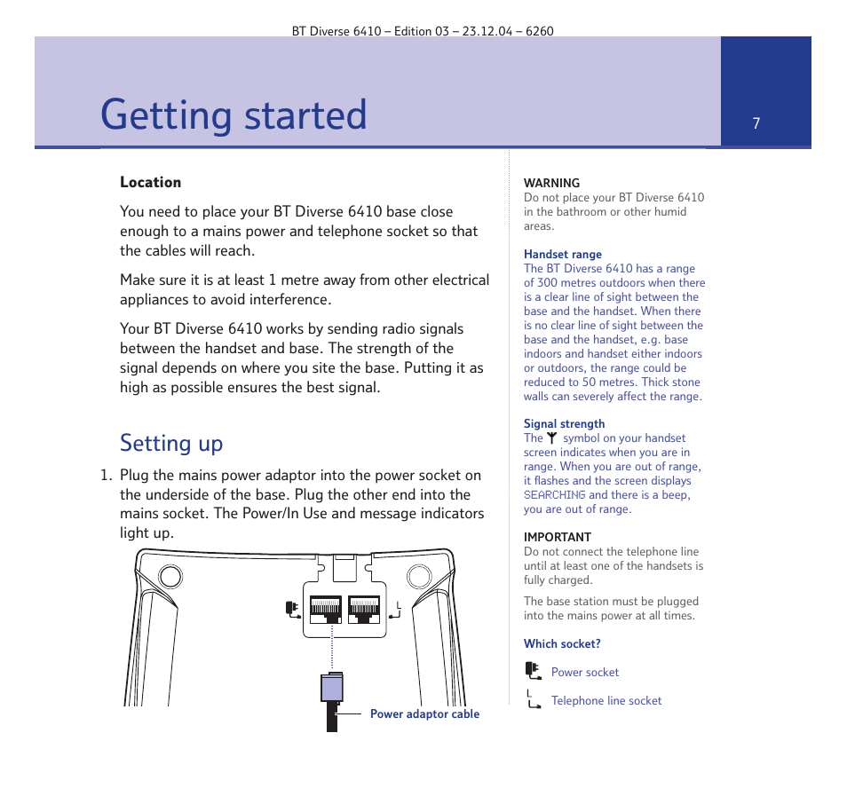 Getting started, Setting up | BT DIVERSE 6410 User Manual | Page 7 / 82