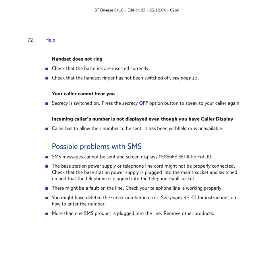 Possible problems with sms | BT DIVERSE 6410 User Manual | Page 72 / 82
