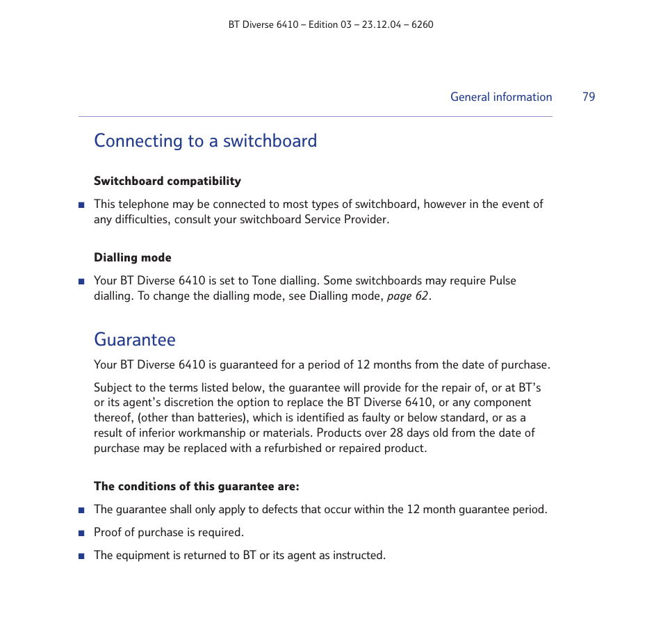 Connecting to a switchboard, Guarantee | BT DIVERSE 6410 User Manual | Page 79 / 82