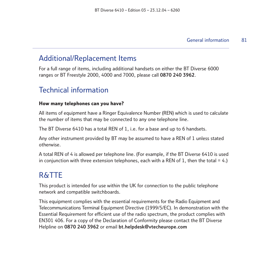 Additional/replacement items, Technical information, R&tte | BT DIVERSE 6410 User Manual | Page 81 / 82