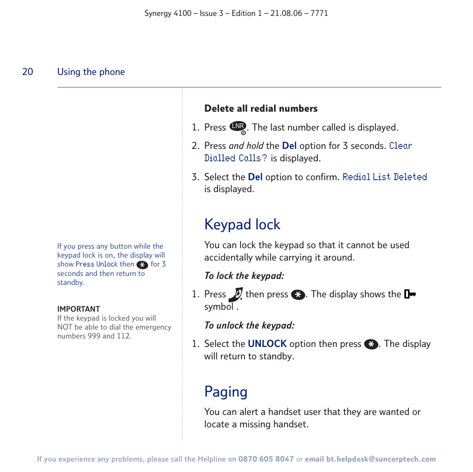 Keypad lock, Paging | BT 4100 User Manual | Page 20 / 84