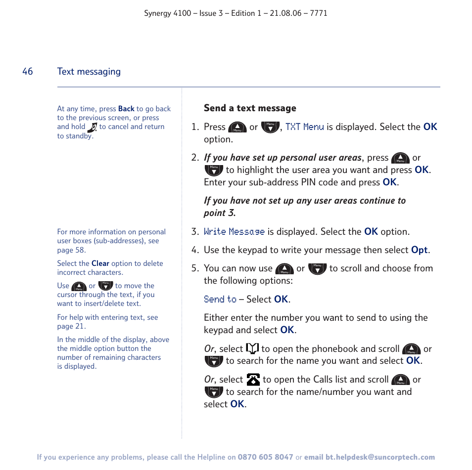 Txt menu, Write message, Send to | BT 4100 User Manual | Page 46 / 84