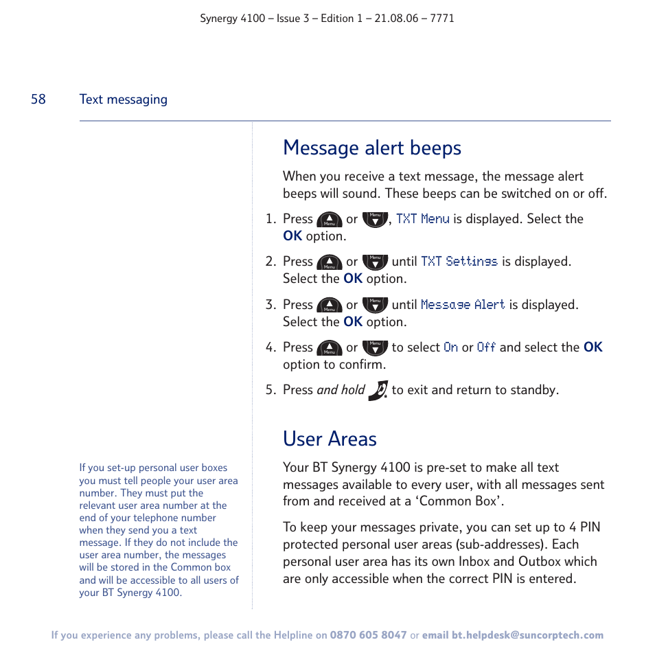 Message alert beeps, User areas | BT 4100 User Manual | Page 58 / 84