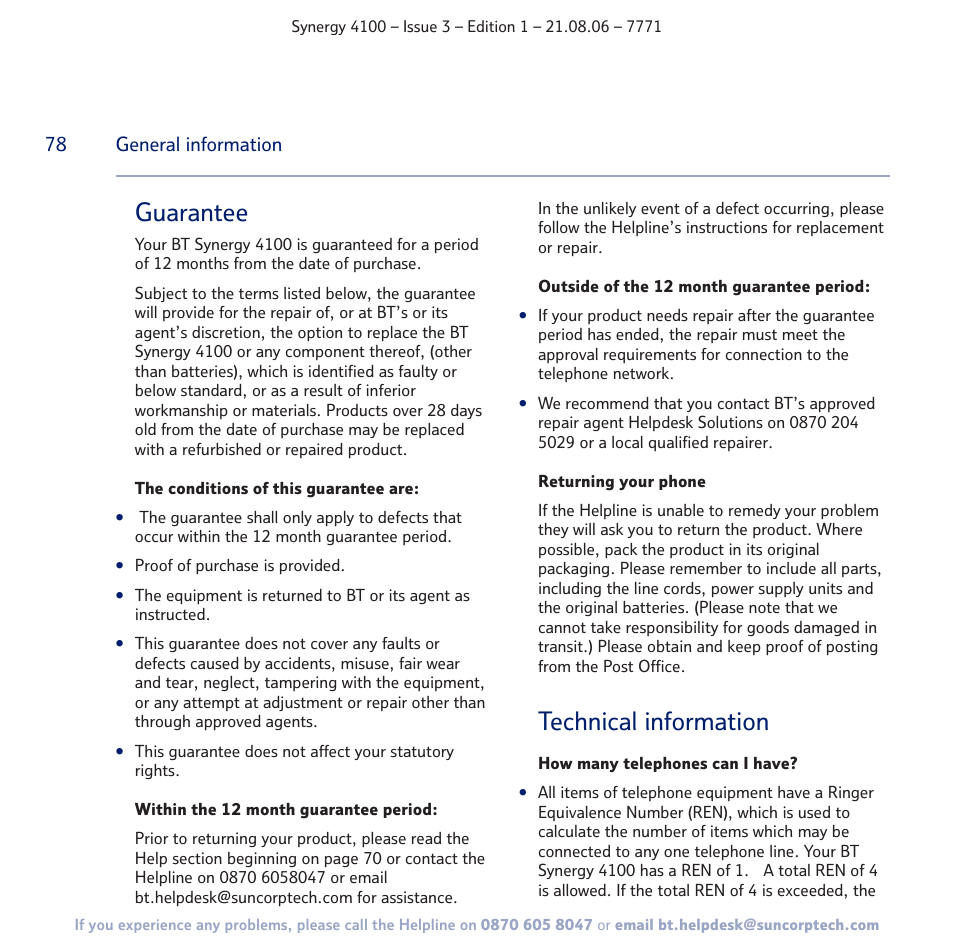 Guarantee, Technical information | BT 4100 User Manual | Page 78 / 84