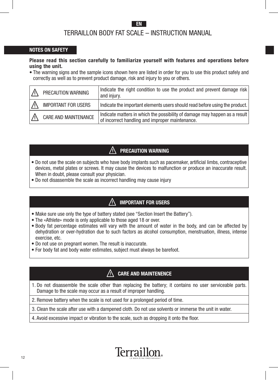 Terraillon body fat scale – instruction manual | Terraillon Pop Coach User Manual | Page 12 / 60