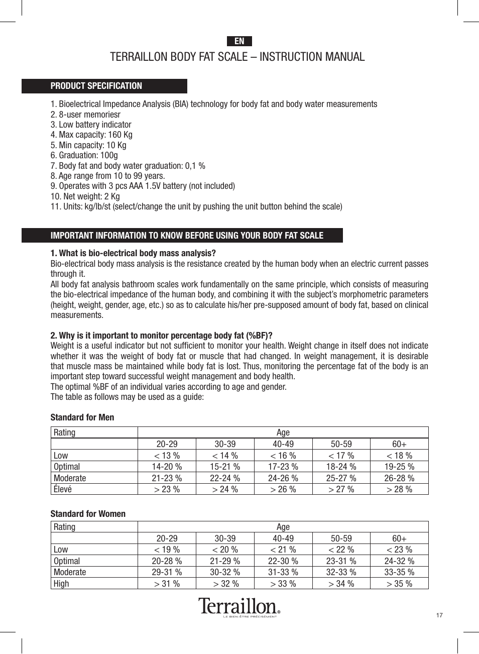 Terraillon body fat scale – instruction manual | Terraillon Pop Coach User Manual | Page 17 / 60