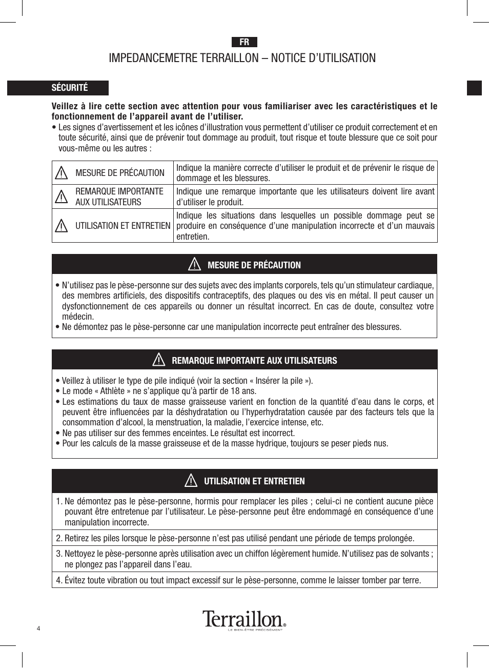 Impedancemetre terraillon – notice d’utilisation | Terraillon Pop Coach User Manual | Page 4 / 60