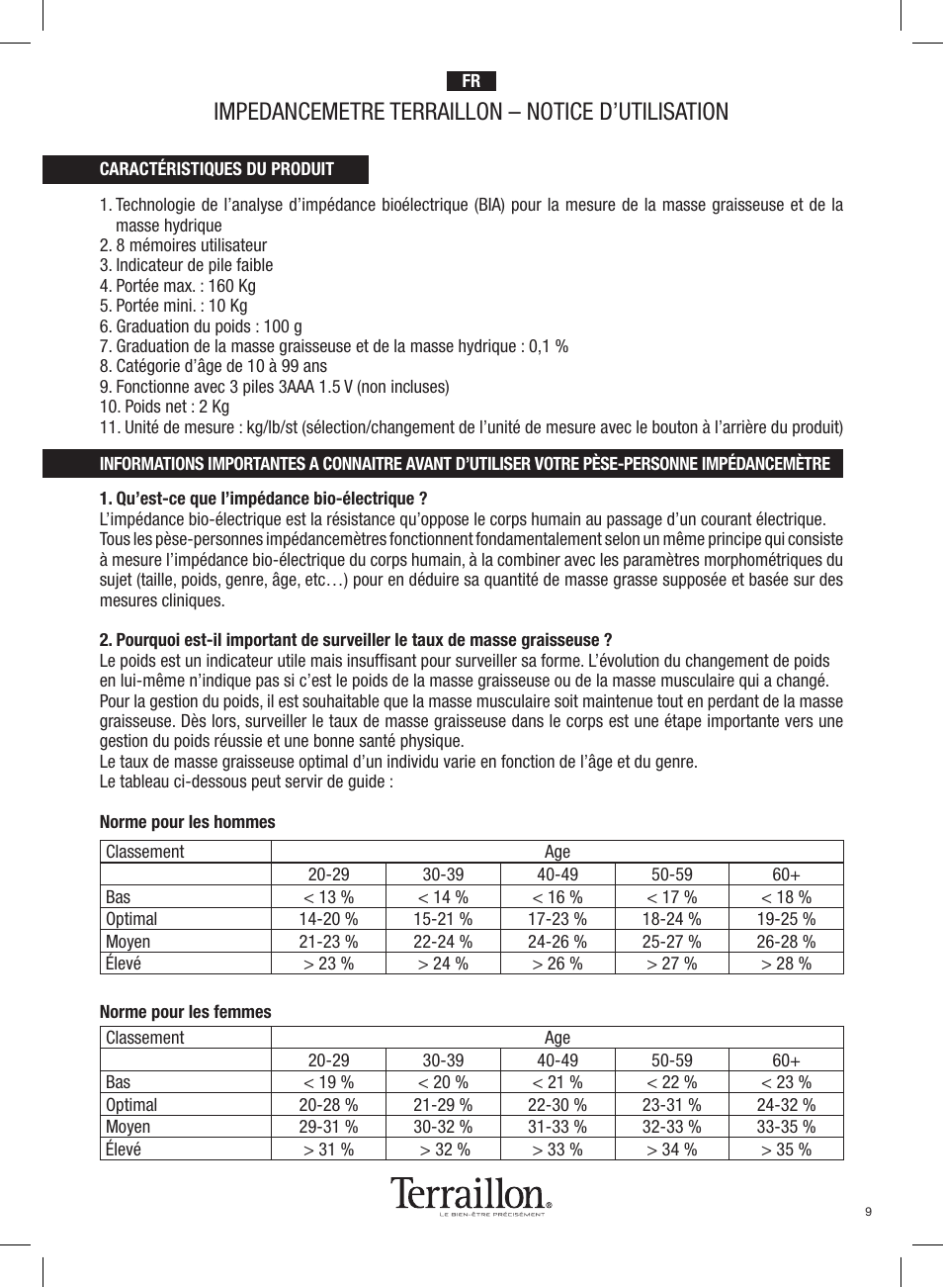 Impedancemetre terraillon – notice d’utilisation | Terraillon Pop Coach User Manual | Page 9 / 60