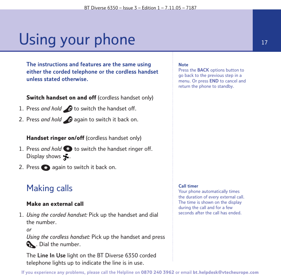 Using your phone, Making calls | BT Diverse 6350 User Manual | Page 17 / 96