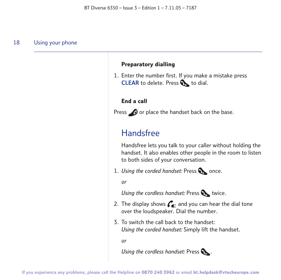 Handsfree | BT Diverse 6350 User Manual | Page 18 / 96