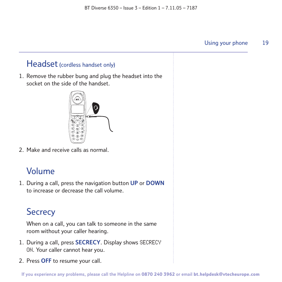 Headset, Volume, Secrecy | BT Diverse 6350 User Manual | Page 19 / 96