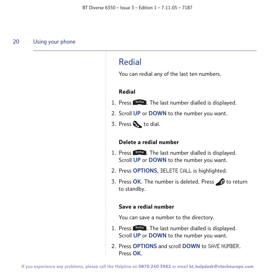 Redial | BT Diverse 6350 User Manual | Page 20 / 96