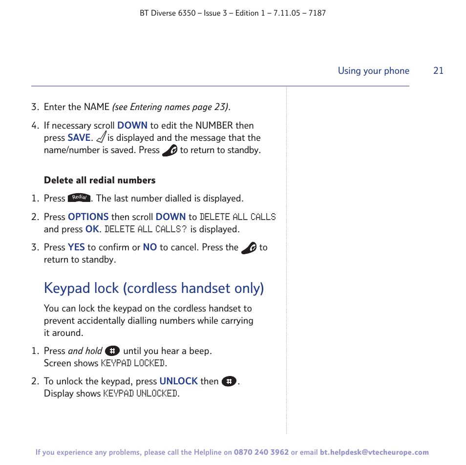 Keypad lock (cordless handset only) | BT Diverse 6350 User Manual | Page 21 / 96