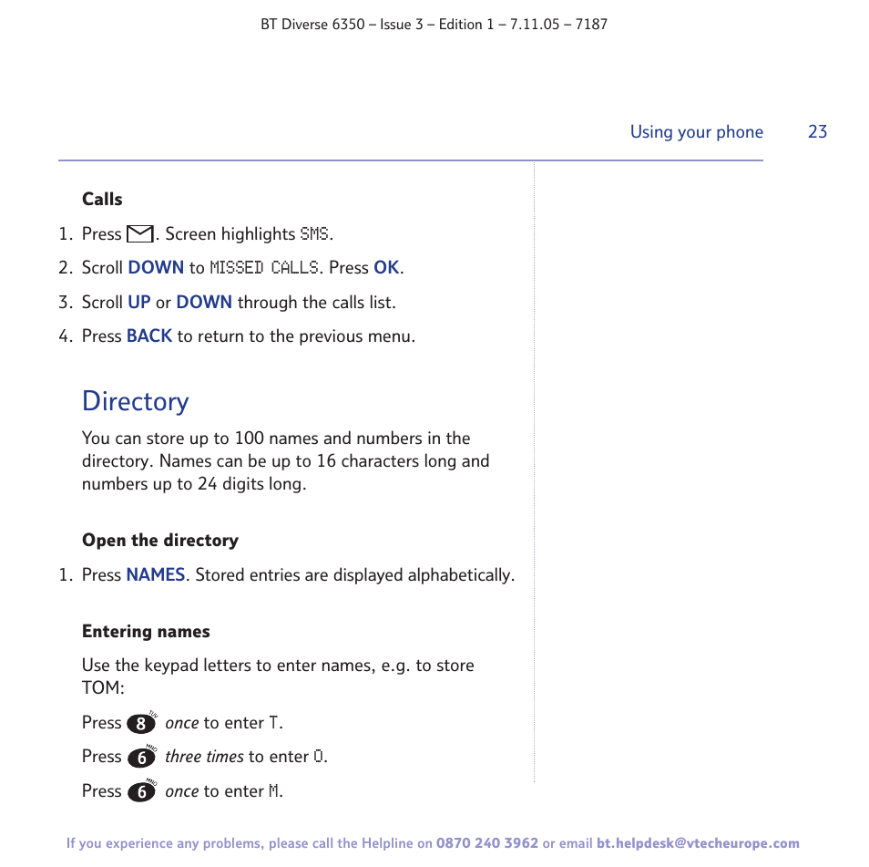 Directory | BT Diverse 6350 User Manual | Page 23 / 96