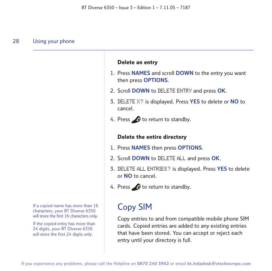 Copy sim | BT Diverse 6350 User Manual | Page 28 / 96