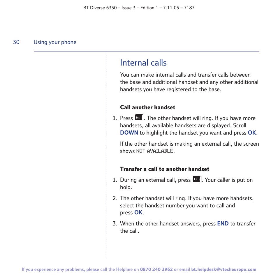 Internal calls | BT Diverse 6350 User Manual | Page 30 / 96