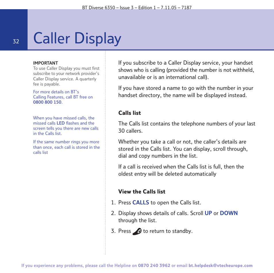 Caller display | BT Diverse 6350 User Manual | Page 32 / 96