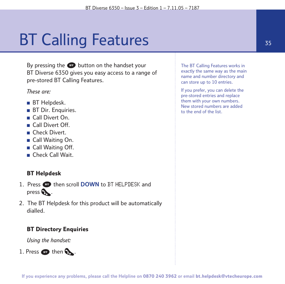 Bt calling features | BT Diverse 6350 User Manual | Page 35 / 96