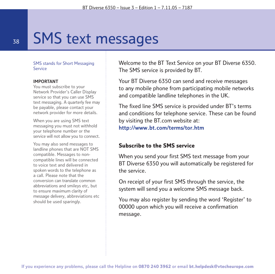 Sms text messages | BT Diverse 6350 User Manual | Page 38 / 96