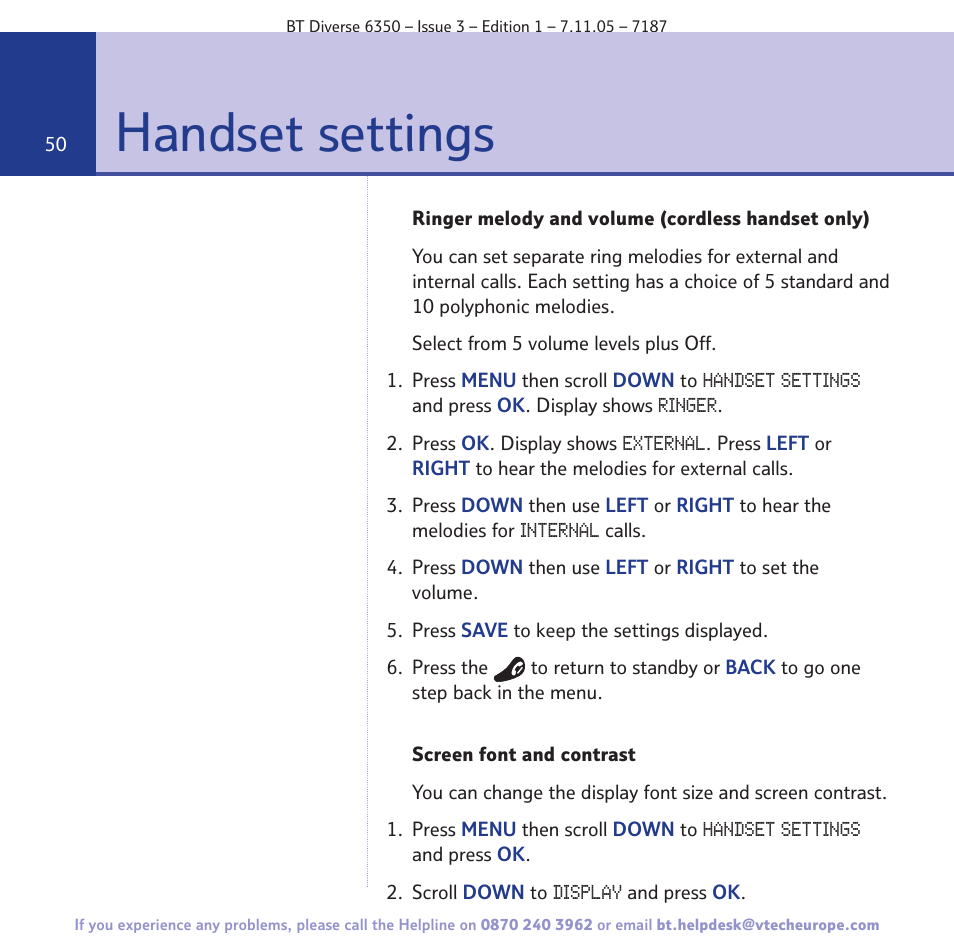 Handset settings | BT Diverse 6350 User Manual | Page 50 / 96